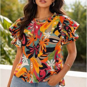 Ces Femme Pullover Blouse Women's Size Small Abstract Pattern Ruffle Sleeve‎